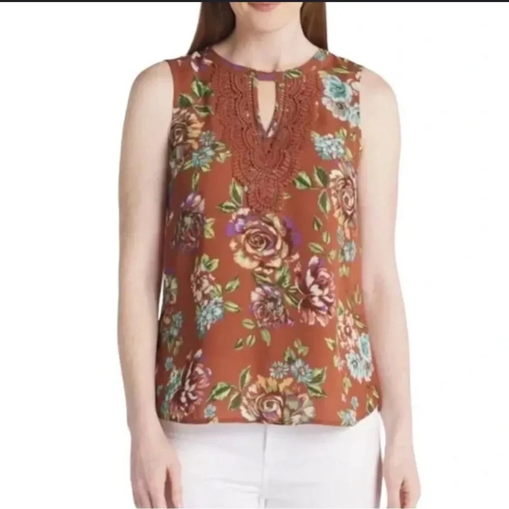 NWT Daniel Rainn Floral sleeveless top knit crochet back mother of pearl